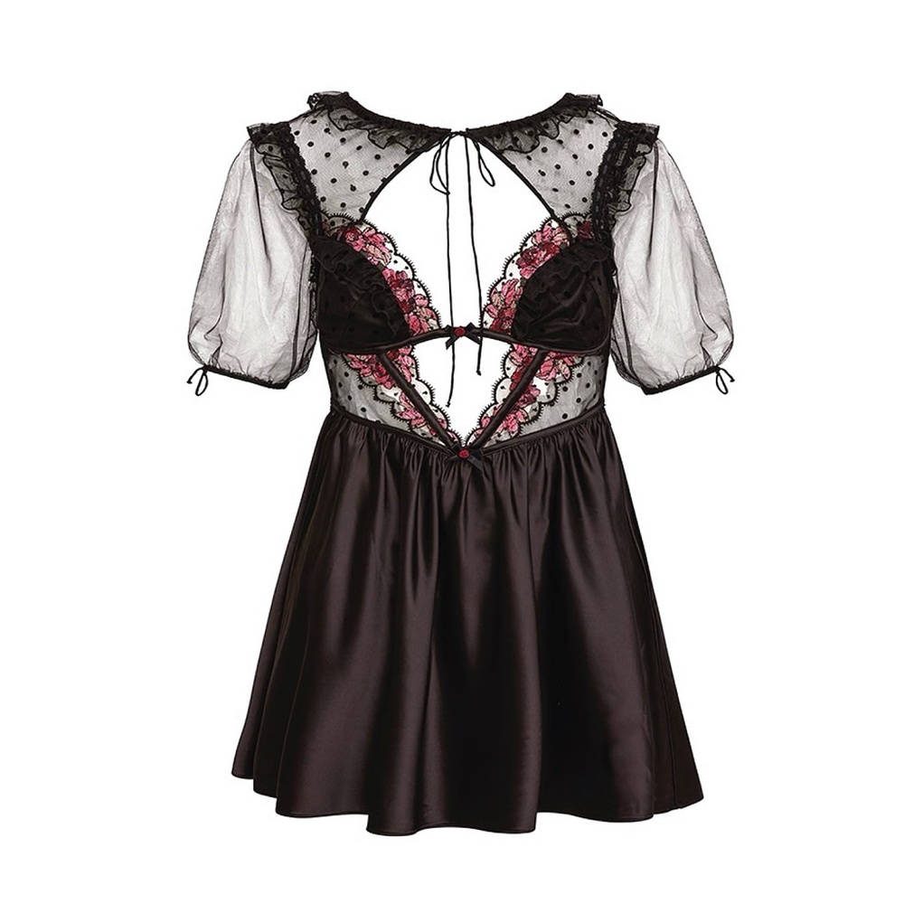 For Love & Lemons Juliet Puff Sleeve Lace Satin Mini Dress